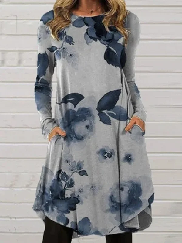 Casual Long Sleeves Roomy Contrast Color Leaf Stamped Round-Neck Mini Dresses