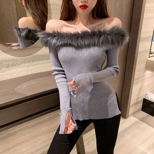 Off Shoulder Fluffy Feather Crop Top Knitted Sweater BE117