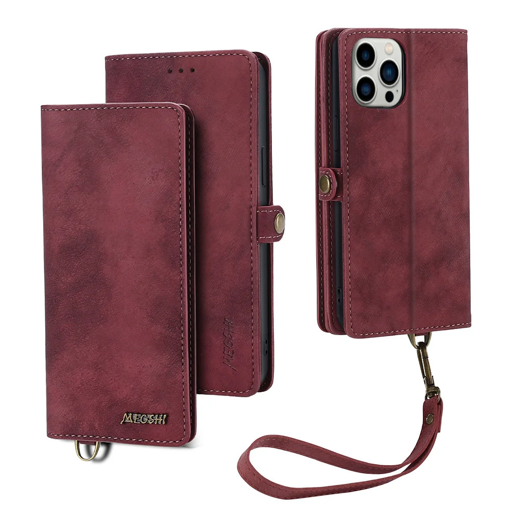 Luxury Retro Wallet Phone Case With Detachable Cards Slot,Phone Stand And Lanyard For IPhone 14/14 Pro/14 Pro Max/14 Plus