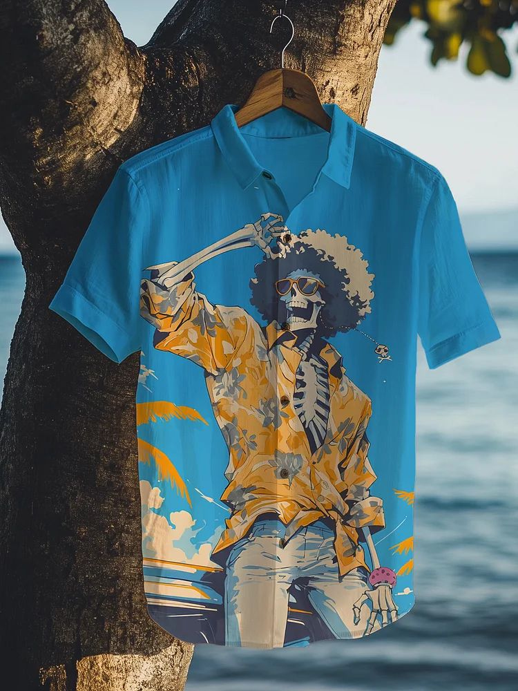 Men's Hippie Skeleton Vacation Style Print Short Sleeve Shirt