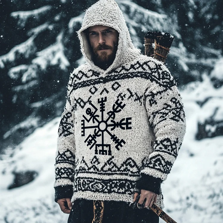 Men's Viking Runes Inspired Knit Hooded Sweater