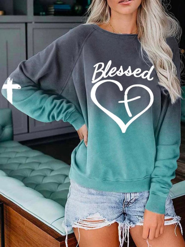 Blessed Cross Heart Gradual Color Sweatshirt
