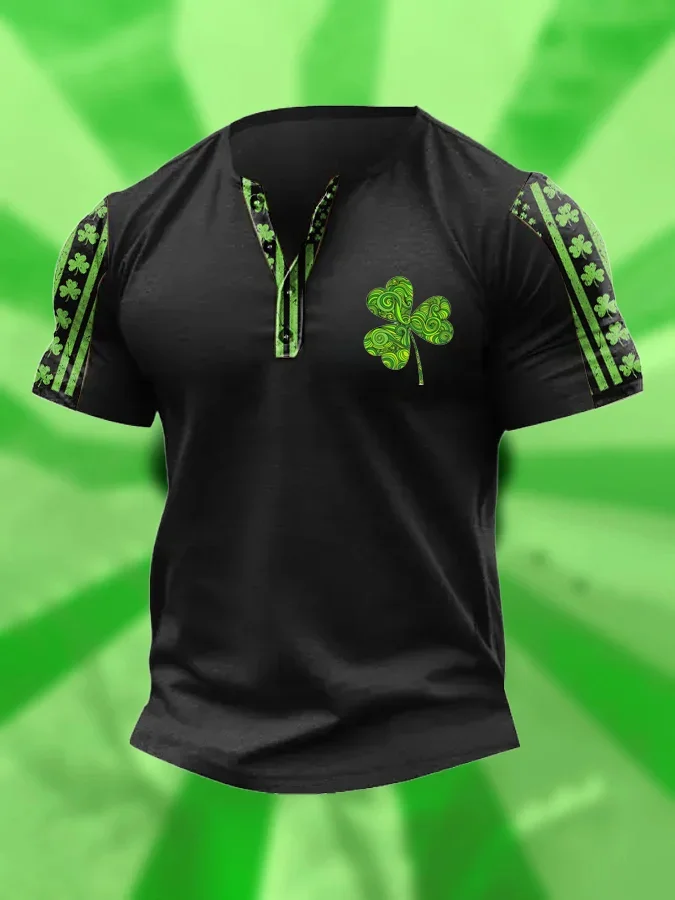 Men's Saint Patrick's Day Shamrock Print Henley Neck T-Shirt