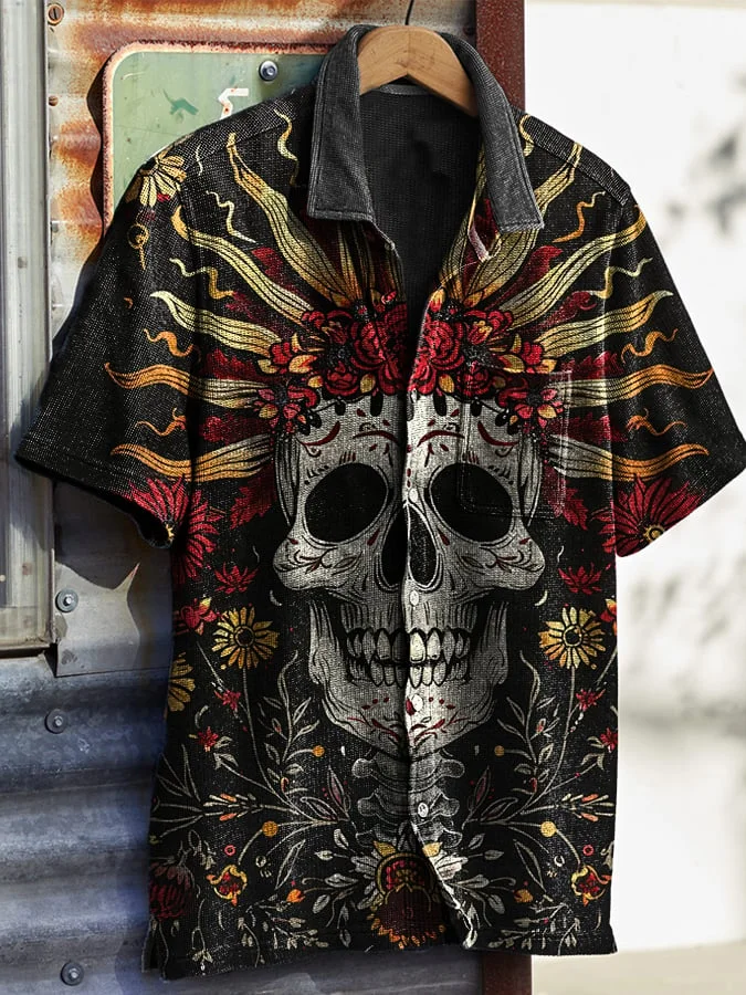 Men's Vintage Western Skull Floral Print Waffle Shirt socialshop