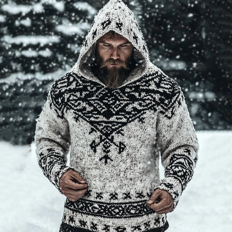 Men's Viking Tribal Jacquard Celtic Knit Hooded Sweater
