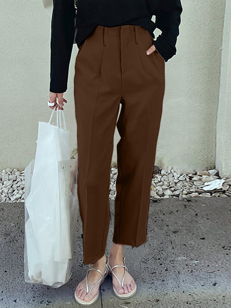Solid Pocket Casual Pants For Women