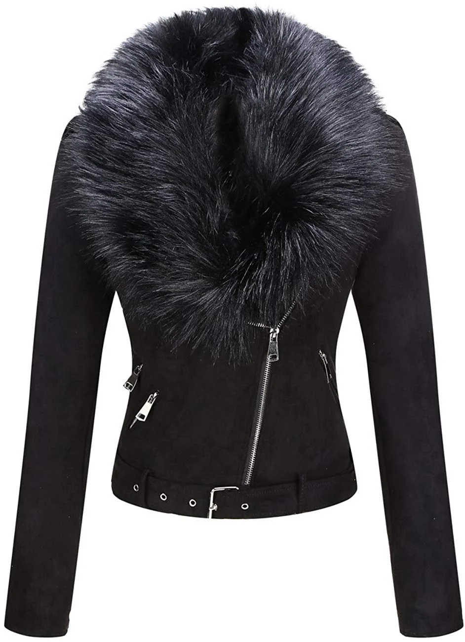 Women's Faux Suede Short Jacket, Moto Jacket with Detachable Faux Fur Collar
