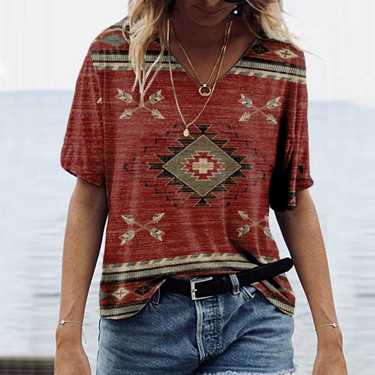 Vefave Western Print V-Neck Short Sleeve Casual T-Shirt