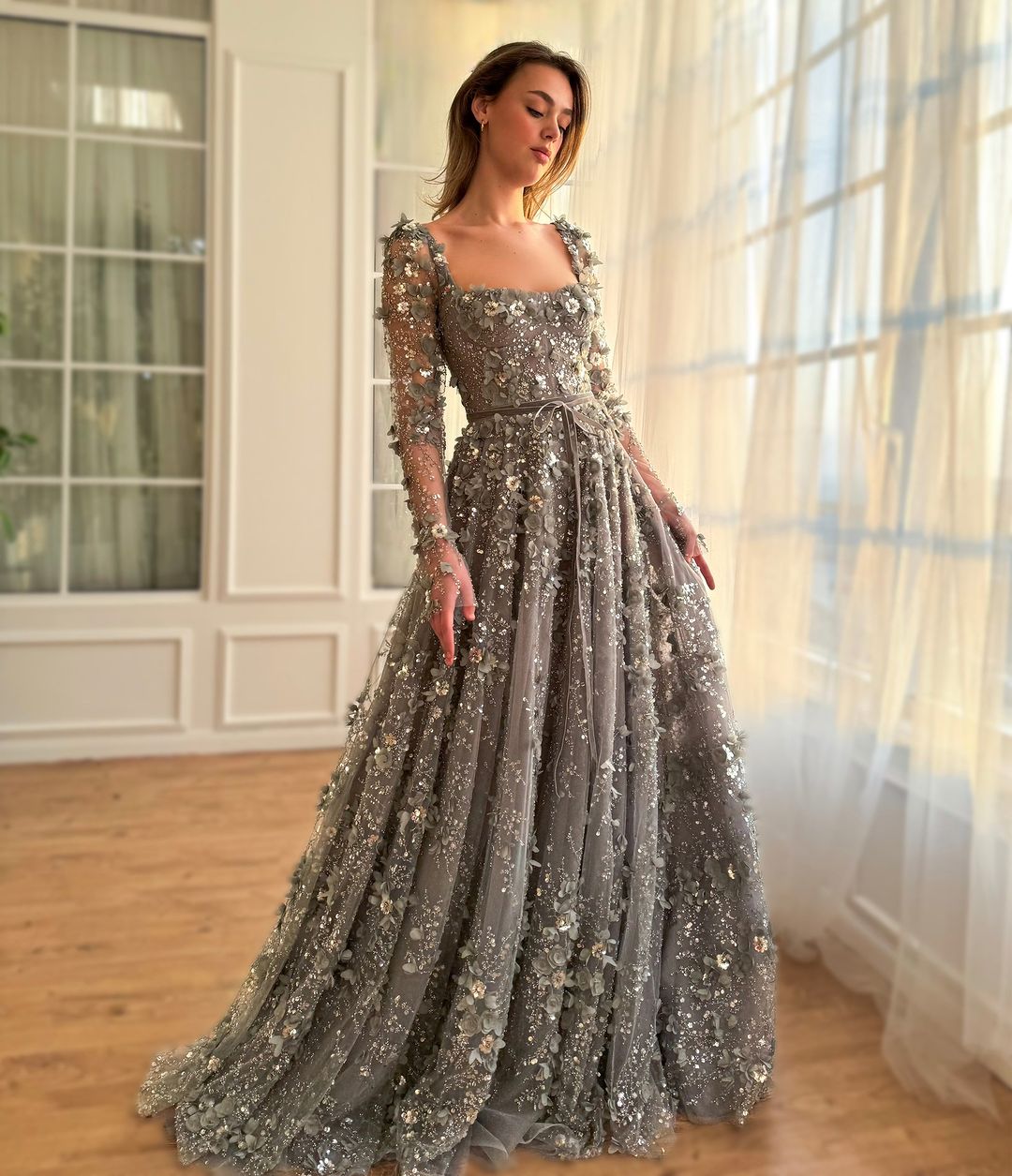 Lussooy Grey Flowers Square Collar Beaded Prom Dress With Sleeves