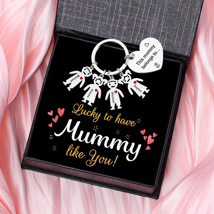 Personalized Heart Keychain With 4 Kid Charms "This Mummy Belongs to" Mother's Day Gifts For Her