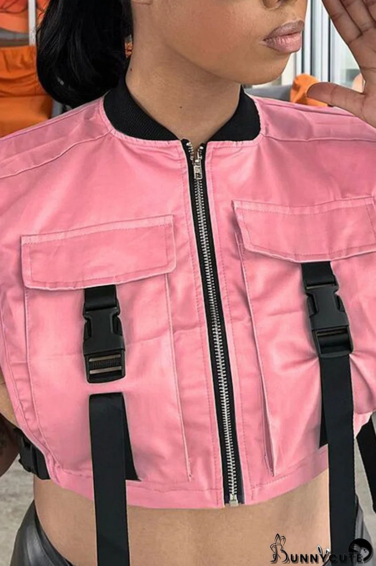 Pink Casual Street Solid Split Joint Pocket Zipper Tops