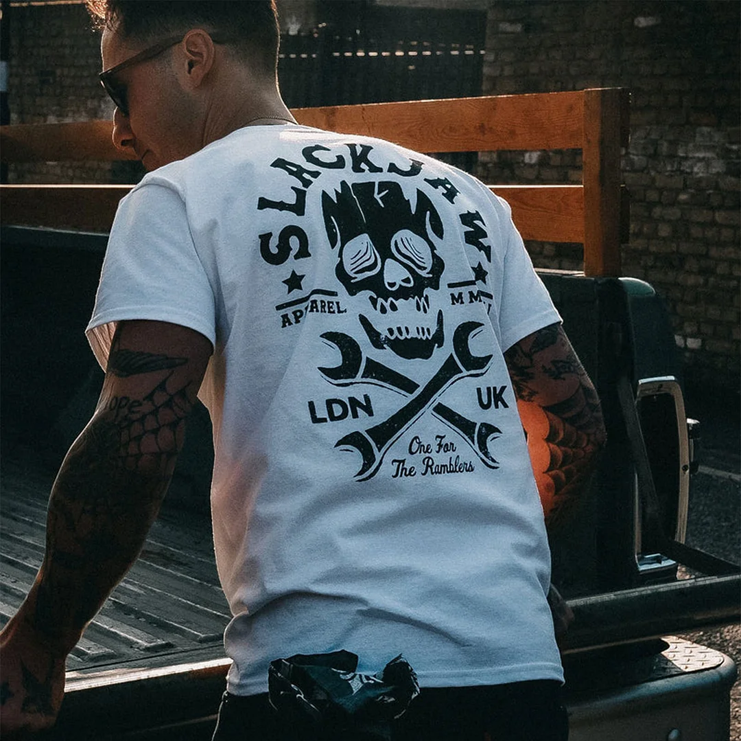 SLACKJAW Skull with Motor Handles Graphic Casual White Print T-shirt