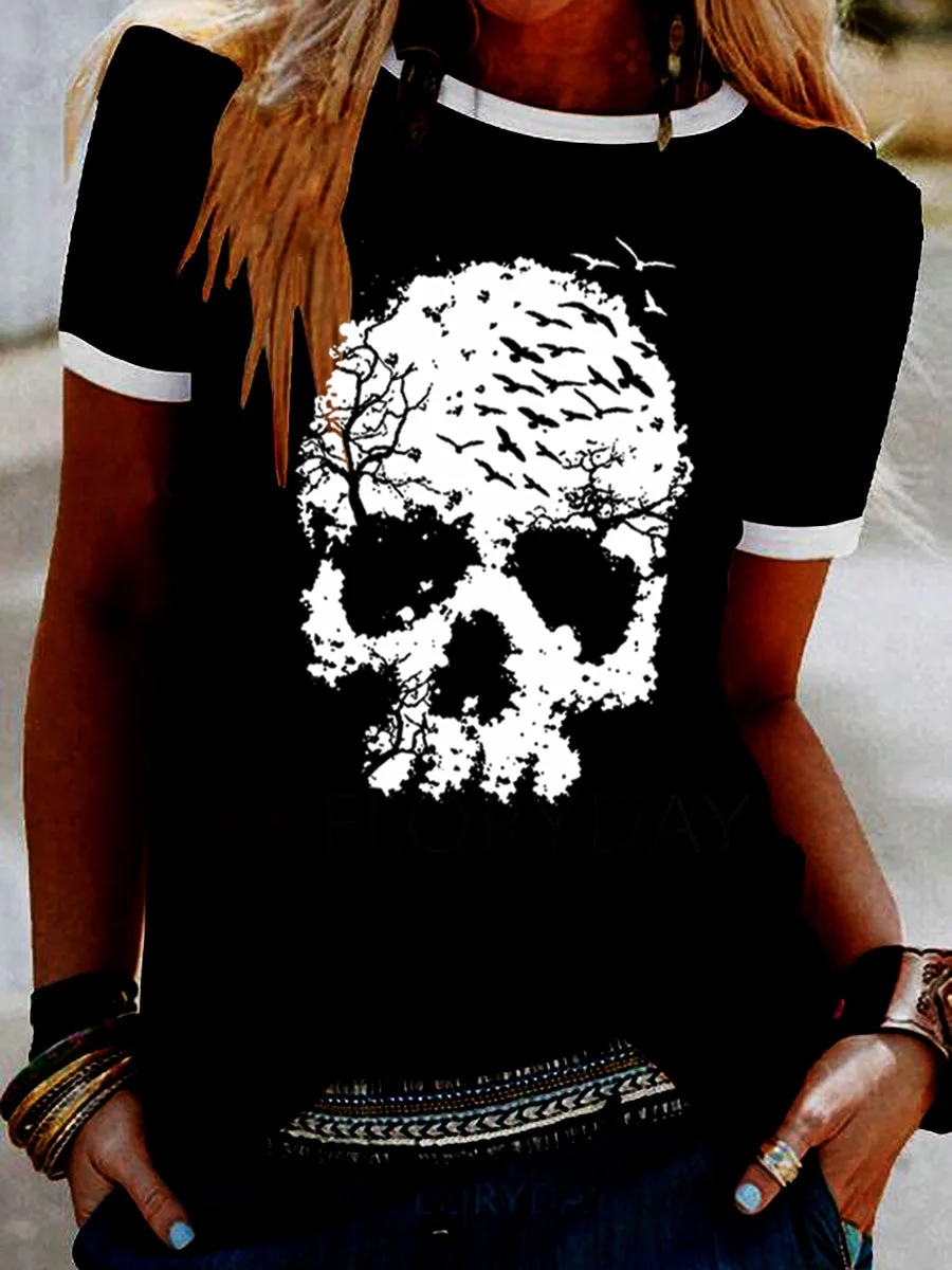 Skull Print Short Sleeve Color Block Halloween T-shirt