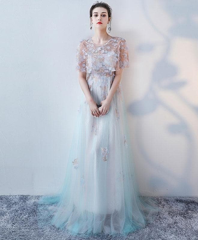 Unique Tulle Round Neck Applique Long Prom Dress, Tulle Evening Dress