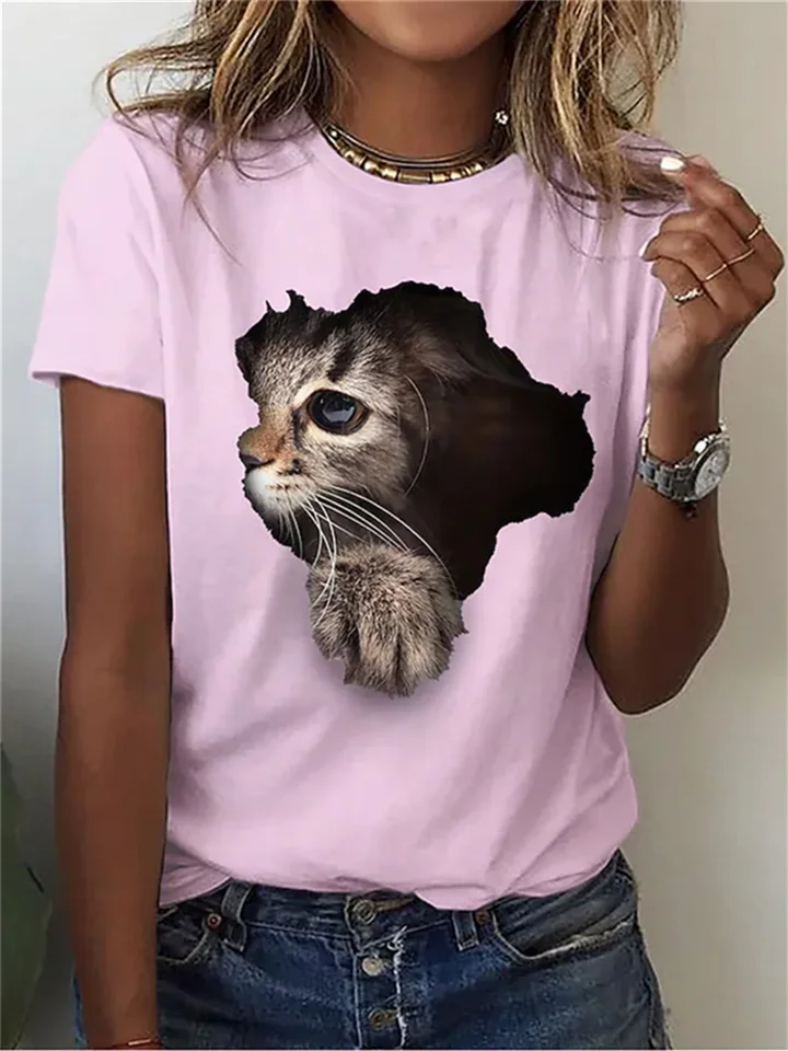Summer Animal Kitten Print Short-sleeved Round Neck T-shirt Women's Pink White Yellow Black