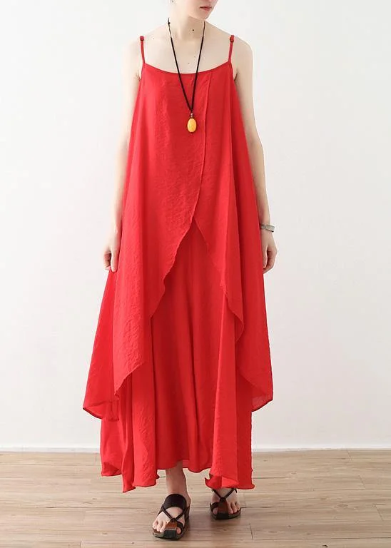 Women red dresses Fashion Spaghetti Strap asymmetric loose Summer Dresses