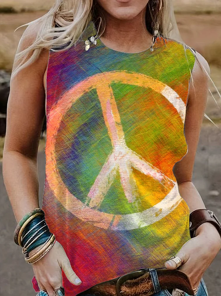 Colorful Rainbow Peace Sign Print 100% Cotton Casual Tank Top socialshop