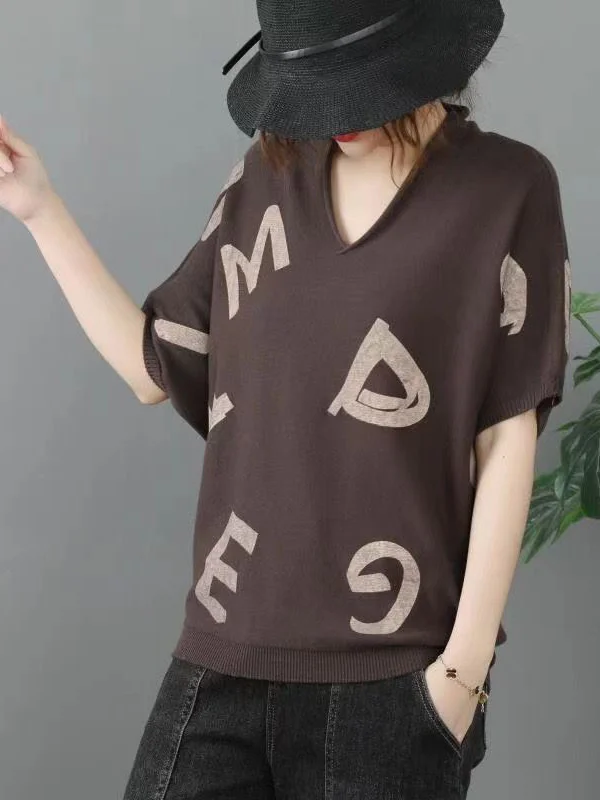Women V-Neck Bat Sleeve Print Loose Casual T-Shirt