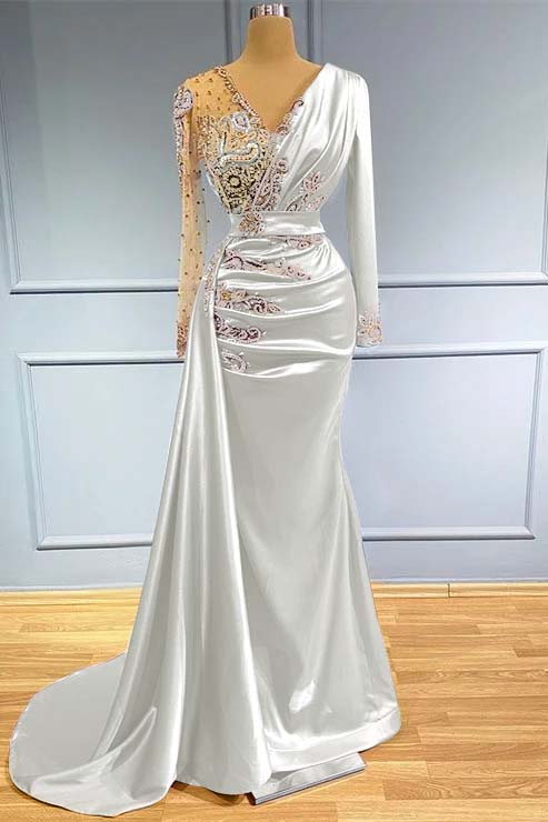 Daisda Long Sleeves Beadings Prom Dress V Neck Mermaid