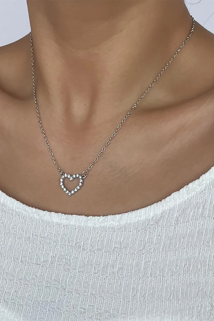 Rhinestone Heart-Shaped Pendant Fashionable Necklace-Gold1