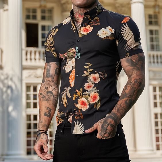 ZUKOC Men's Botanical & Floral Print Short Sleeve Chic Casual Shirt