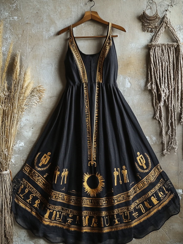 Women's Ancient Egyptian Hieroglyphic Print Viscose Maxi Dress