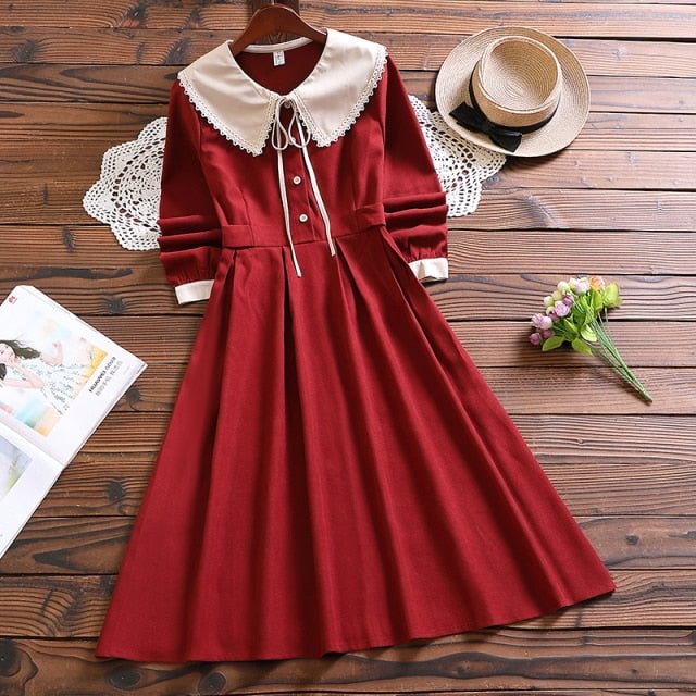 Dark Academia Japanese Style Vintage Sweet Peter pan Collar Dress SP17084