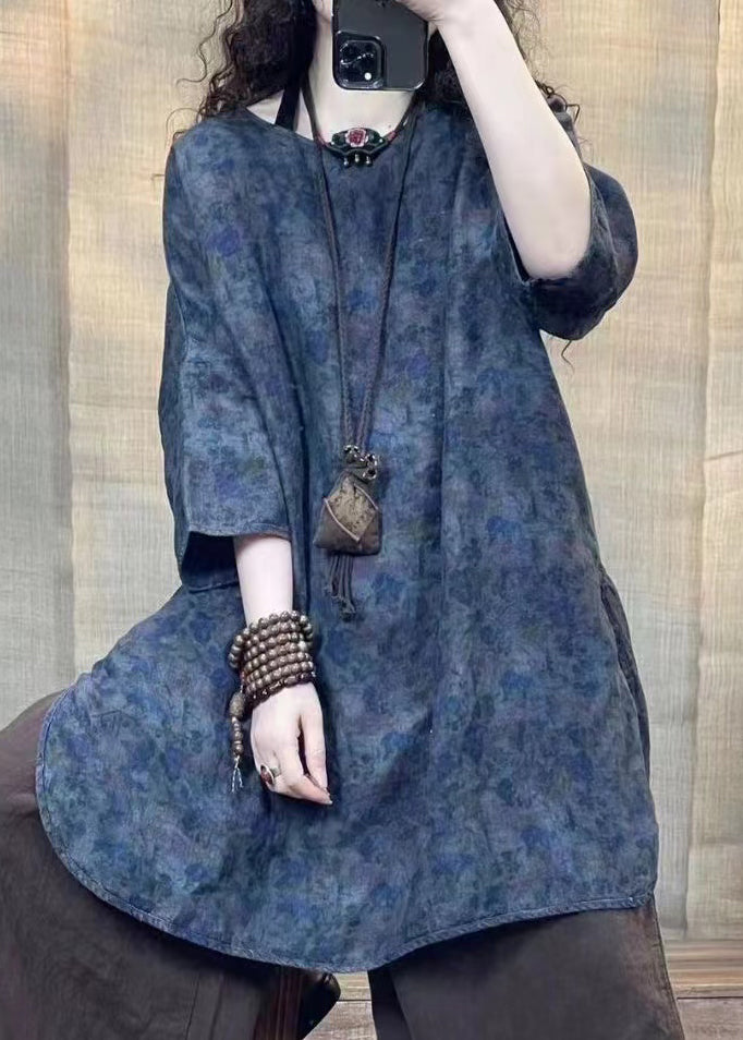 Vintage Purple Button O-Neck Linen Tops Long Sleeve