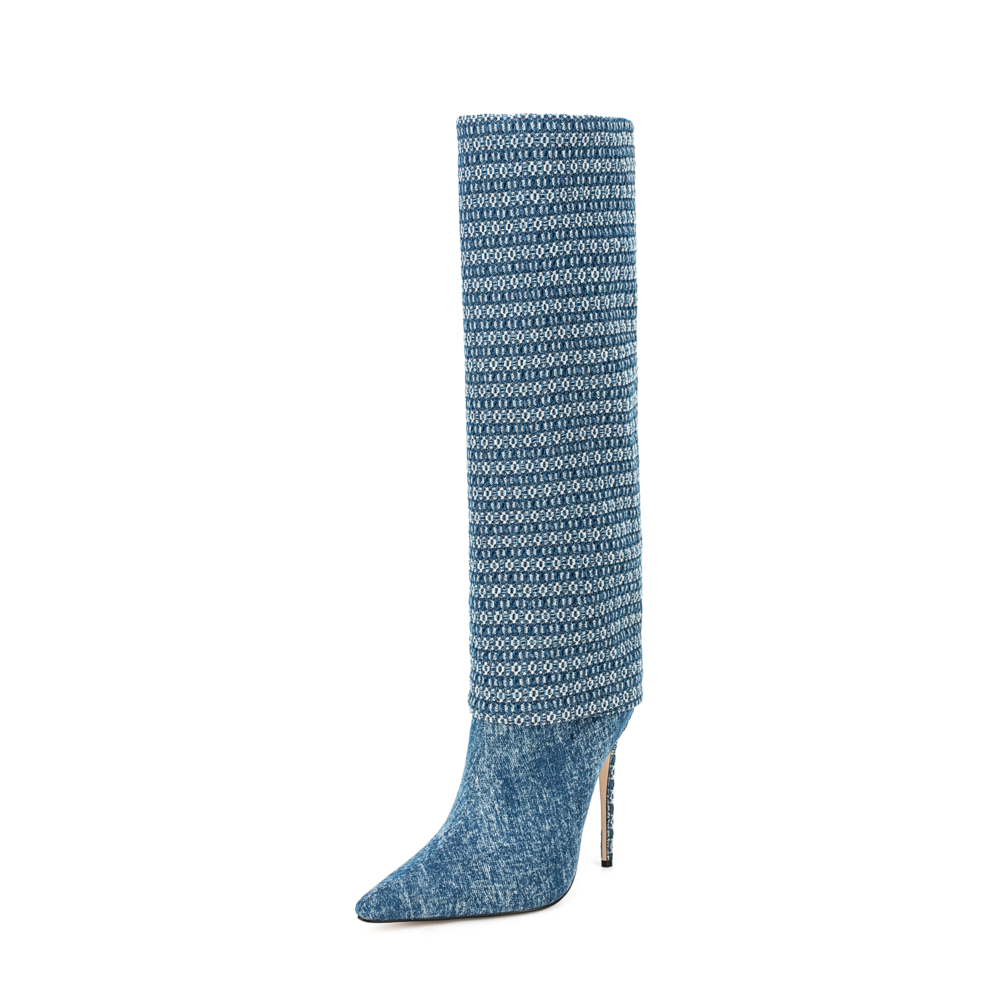 TAAFO High Heels Women Fold Over Woven Plaid Denim Boots Large Size Party Ladies Knee High Boots