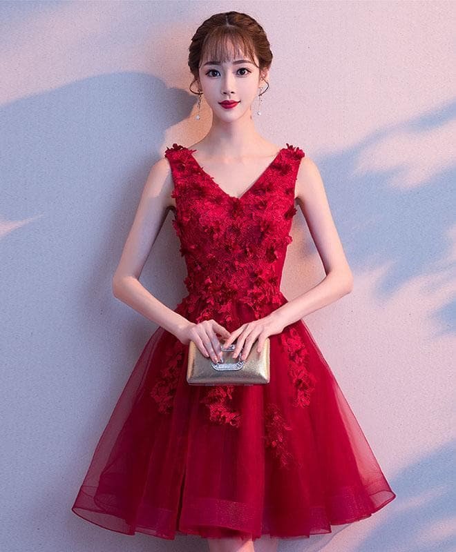 Burgundy V Neck Tulle Lace Short Prom Dress, Burgundy Homecoming Dress