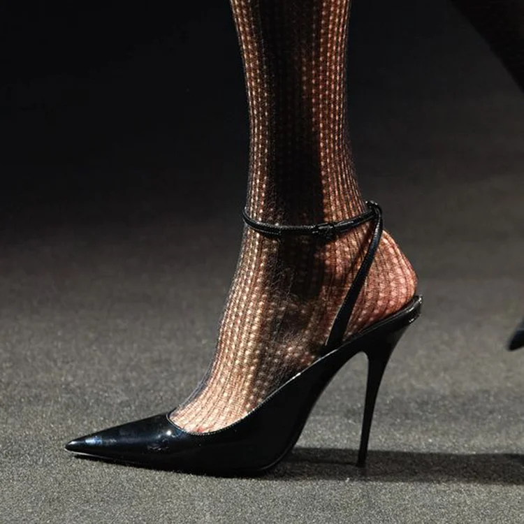 FSJ Black Pointed Toe Ankle Strap Stiletto Heel Pumps for Women |FSJ Shoes