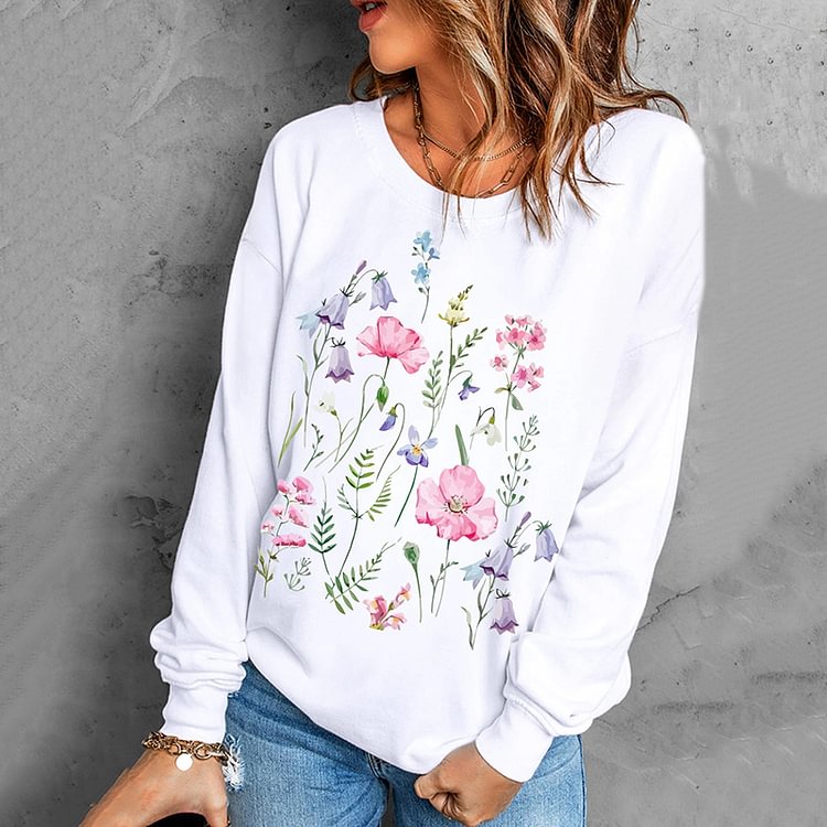 Comstylish Long Sleeve Floral Print Crewneck Sweatshirt