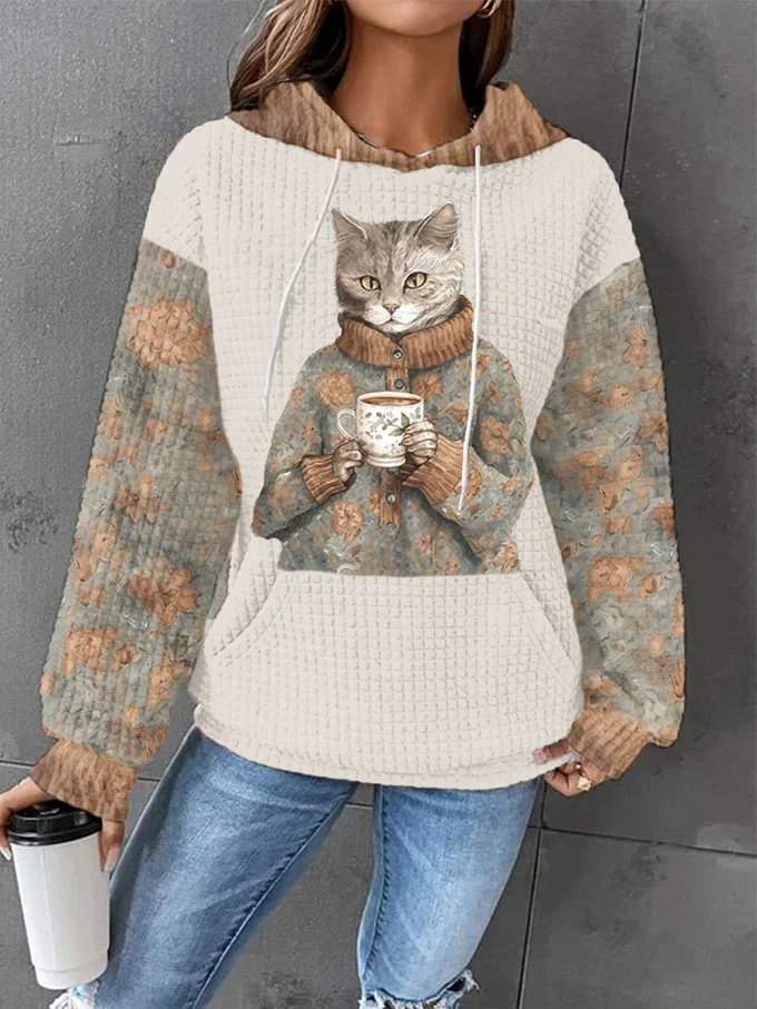 Women's Winter Funny Cute Wonderland Clothing Cat Floral Printed Waffle Hooded Sweatshirt