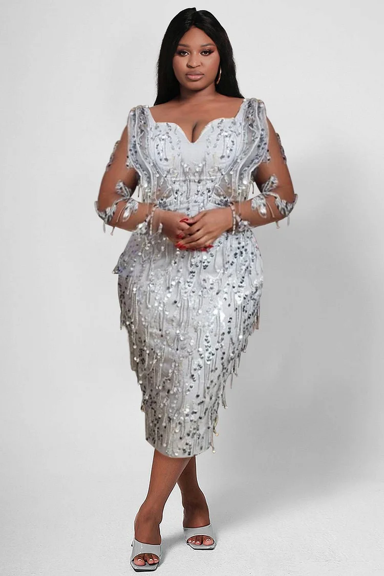Plus Size Party Dress Silver Sparkly Fringed See-Through Sequin Midi Dress [Pre-Order]