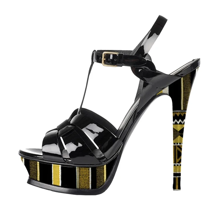 Black & Gold T Strap Heels Patent Leather Peep Toe Platform Sandals |FSJ Shoes