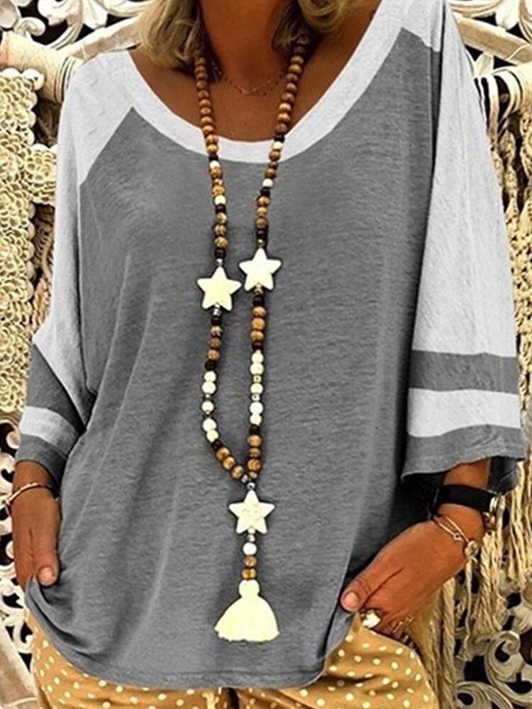 Solid Color Patchwork O Neck Blouse For Women P1676446