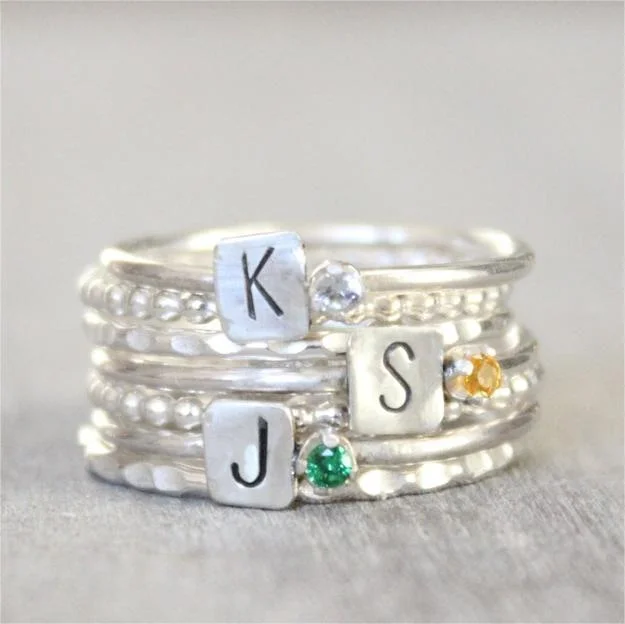 Custom Birthstone Ring with Initials Ring Stack Best Gift for MOM,Wife,Girlfriend Husband Boyfriend Dad