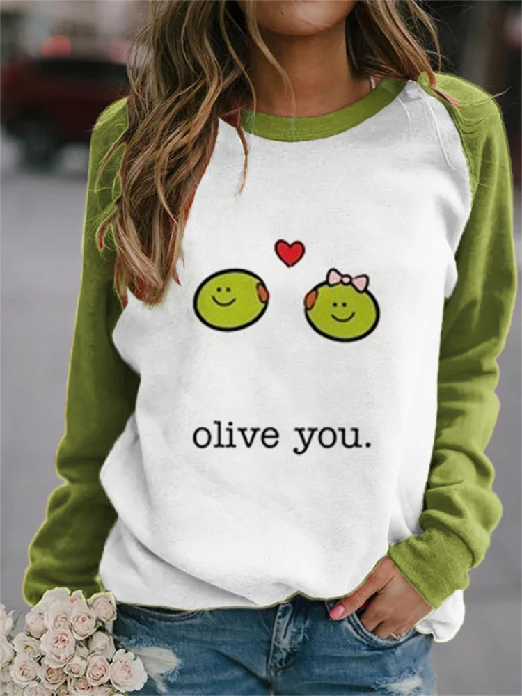 Vefave Lovely Olive You Puns Contrast Color Sweatshirt