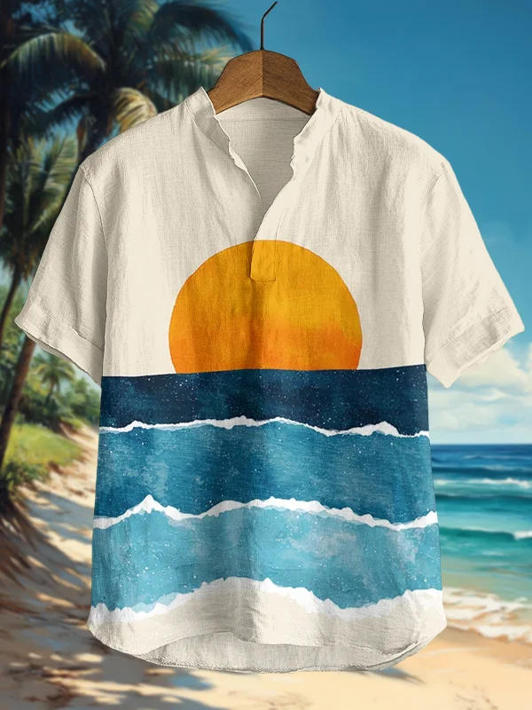 Men's Vacation Beach Sunrise Print Casual V Neck T-Shirt