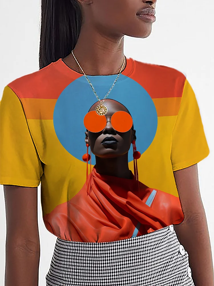 Women's Black Fashion Lady Print Casual T-Shirt