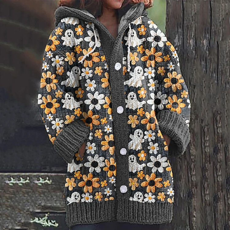 Vintage Daisy Floral Ghost Embroidered Knit Hooded Cardigan