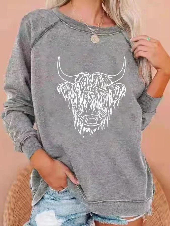 Women's Western Retro Highland Cow Printed Sweatshirt socialshop