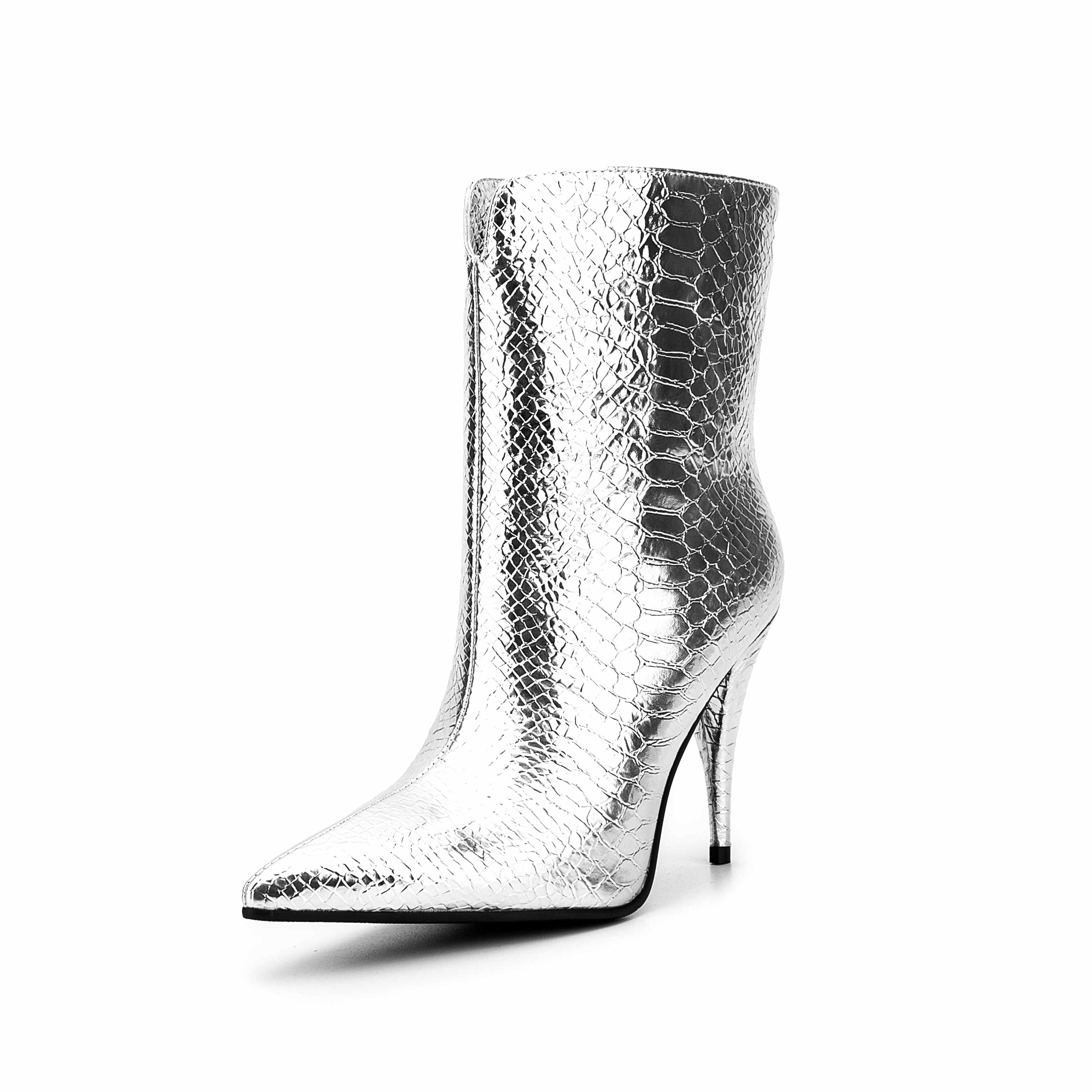 TAAFO Women Cone High Heels Shoes Silver Snake Print Ladies Party Wide Ankle Boots