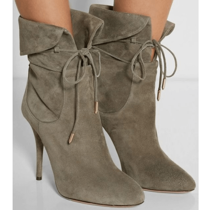 VCSHOES Lace Up High Heel Suede Pointed Toe Calf Boots