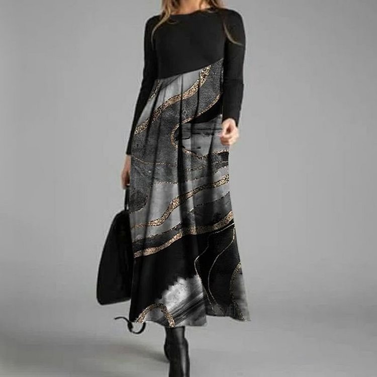 Vefave Casual Paneled Contrast Marble Print Maxi Dress