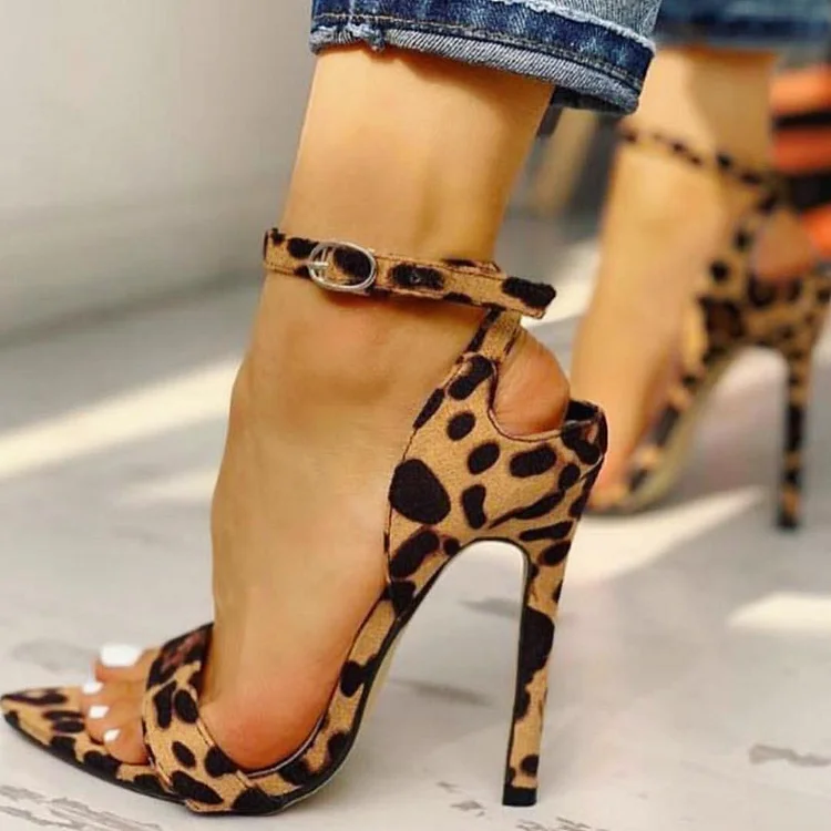 Brown Leopard Print Stiletto Heels Pointed Toe Ankle Strap Sandals |FSJ Shoes