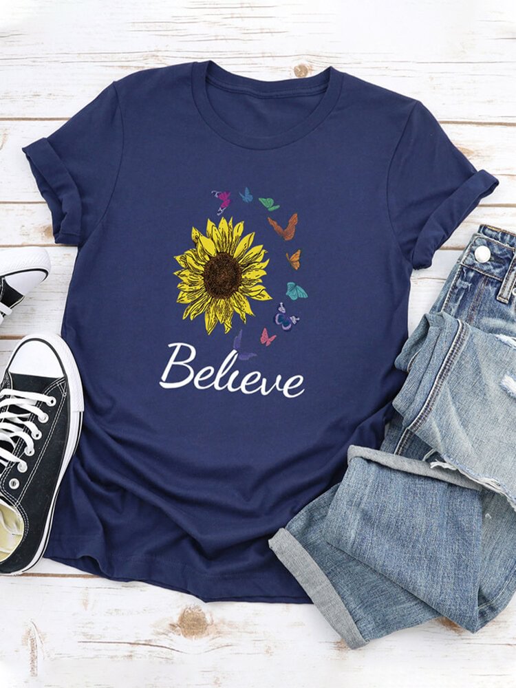 Letter Butterflies Sunflower Print Short Sleeve T shirt For Women P1661006