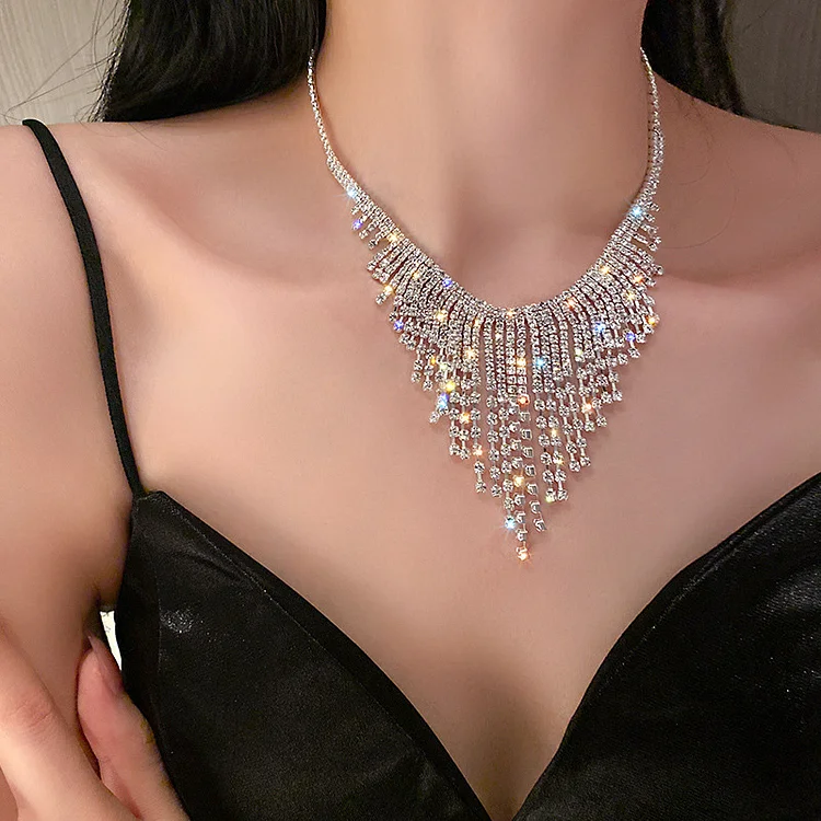 Personalized Chain Tassel Rhinestone Necklace-Silver