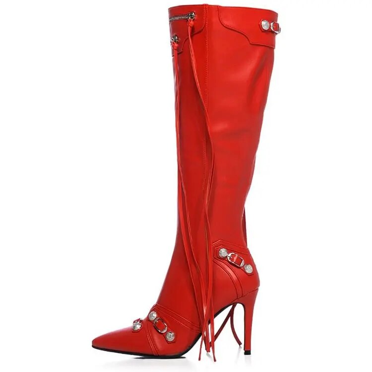 TAAFO Red Stiletto Heel Zipper Shoes Pointed Toe Knee High Boots Ladies Shoes
