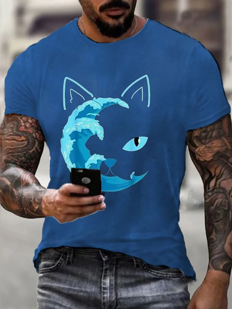 Men's Blue Wave&Cat Printed T-Shirt socialshop
